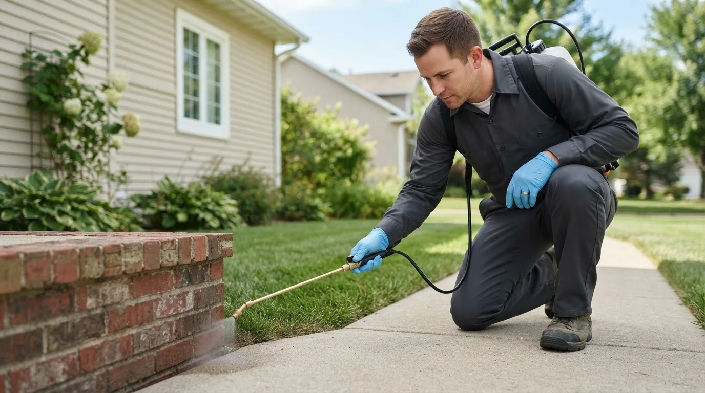 Pest control technician treating a home near Pasadena, TX
